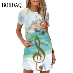 Summer Women Dress 3D Music Notes Patterns Print Mini Dress Streetwear Clothing Casual Short Sleeve Girls Woman Dress