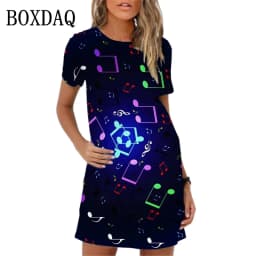 Summer Women Dress 3D Music Notes Patterns Print Mini Dress Streetwear Clothing Casual Short Sleeve Girls Woman Dress