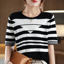 Women's T-shirt Spring/Summer 100% Cotton Knitwear Casual Striped Pullover Short Sleeve Round Neck Tees Loose Blouse