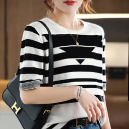 Women's T-shirt Spring/Summer 100% Cotton Knitwear Casual Striped Pullover Short Sleeve Round Neck Tees Loose Blouse