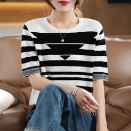 Women's T-shirt Spring/Summer 100% Cotton Knitwear Casual Striped Pullover Short Sleeve Round Neck Tees Loose Blouse