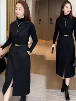 Mid Length Fashionable Suit Dress for Women's 2024 Spring and Autumn New Sweater Vest Dress Temperament Two-piece Set