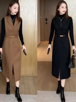 Mid Length Fashionable Suit Dress for Women's 2024 Spring and Autumn New Sweater Vest Dress Temperament Two-piece Set