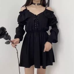 JMPRS Large Size Gothic Women Black Mini Dress Sexy Off Shoulder High Waist Tunic Ladies Party Dress Long Sleeve V Neck Vestidos
