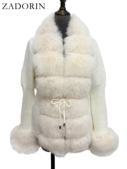 ZADORIN Luxury Fur Cardigan Knit Winter Sweater Women Elegant Detachable Fur Belt White Pink Black Womens Cardigan Korea Style