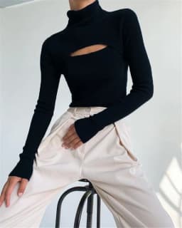 2021 Spring Autumn Sexy Knitted Turtleneck Top Women Hollow Out Casual Long Sleeve T Shirt New Fashion Slim Tops Lady Clothing