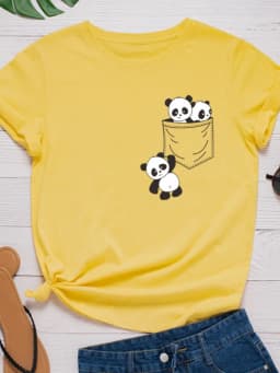 Pocket Panda Print Women T Shirt Short Sleeve O Neck Loose Women Tshirt Ladies Fashion Tee Shirt Tops Clothes Camisetas Mujer