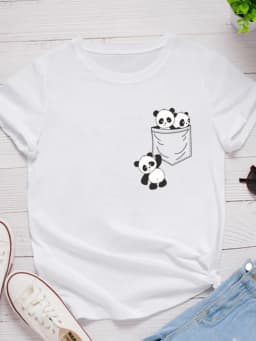 Pocket Panda Print Women T Shirt Short Sleeve O Neck Loose Women Tshirt Ladies Fashion Tee Shirt Tops Clothes Camisetas Mujer