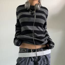 Women Fairy Grunge Knit Basic Shirt Autumn Y2K Grey Black Striped Long Sleeve Round Neck Tops Emo Tee
