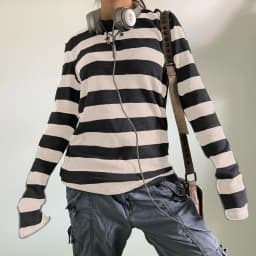 Women Fairy Grunge Knit Basic Shirt Autumn Y2K Grey Black Striped Long Sleeve Round Neck Tops Emo Tee