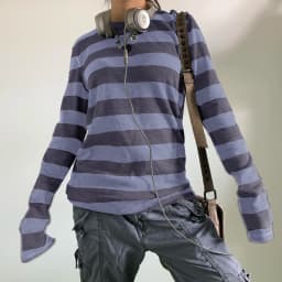 Women Fairy Grunge Knit Basic Shirt Autumn Y2K Grey Black Striped Long Sleeve Round Neck Tops Emo Tee