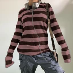 Women Fairy Grunge Knit Basic Shirt Autumn Y2K Grey Black Striped Long Sleeve Round Neck Tops Emo Tee