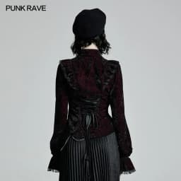 PUNK RAVE Women's Gothic Gorgeous Vintage Ruffles Shirt Printed Velvet Party Dinner Long Sleeve Blouse Slim Tops