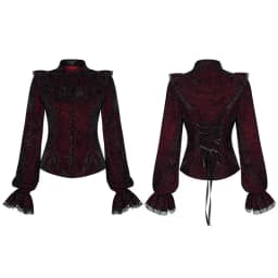 PUNK RAVE Women's Gothic Gorgeous Vintage Ruffles Shirt Printed Velvet Party Dinner Long Sleeve Blouse Slim Tops