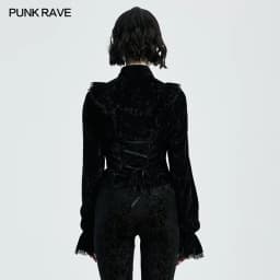 PUNK RAVE Women's Gothic Gorgeous Vintage Ruffles Shirt Printed Velvet Party Dinner Long Sleeve Blouse Slim Tops