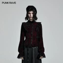 PUNK RAVE Women's Gothic Gorgeous Vintage Ruffles Shirt Printed Velvet Party Dinner Long Sleeve Blouse Slim Tops