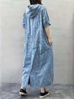 Amax luluE 2025 Summer Long Clothes Womens Fashion Loose Printed Denim Hooded Dresses Korean Luxury Elegant Floral Big Vestidos
