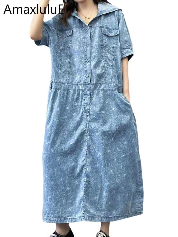 Amax luluE 2025 Summer Long Clothes Womens Fashion Loose Printed Denim Hooded Dresses Korean Luxury Elegant Floral Big Vestidos
