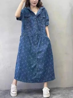 Amax luluE 2025 Summer Long Clothes Womens Fashion Loose Printed Denim Hooded Dresses Korean Luxury Elegant Floral Big Vestidos