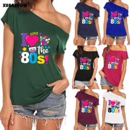 XUANSHOW 2024 Summer I Love the 80s Emotional Element T-shirt Sexy Off Shoulder Tops Short Sleeve Letters Printed Tee Shirt