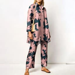 Ladies Streetwear Loose Straight Matching Set Women Elastic Waist Office Pants Suit Vintage Print Turn Down Collar Two Piece Set
