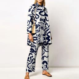 Ladies Streetwear Loose Straight Matching Set Women Elastic Waist Office Pants Suit Vintage Print Turn Down Collar Two Piece Set