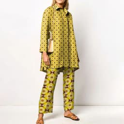 Ladies Streetwear Loose Straight Matching Set Women Elastic Waist Office Pants Suit Vintage Print Turn Down Collar Two Piece Set