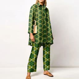 Ladies Streetwear Loose Straight Matching Set Women Elastic Waist Office Pants Suit Vintage Print Turn Down Collar Two Piece Set