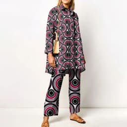 Ladies Streetwear Loose Straight Matching Set Women Elastic Waist Office Pants Suit Vintage Print Turn Down Collar Two Piece Set