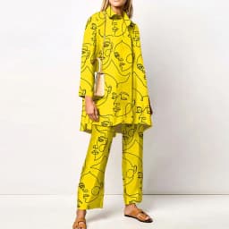 Ladies Streetwear Loose Straight Matching Set Women Elastic Waist Office Pants Suit Vintage Print Turn Down Collar Two Piece Set