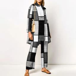 Ladies Streetwear Loose Straight Matching Set Women Elastic Waist Office Pants Suit Vintage Print Turn Down Collar Two Piece Set