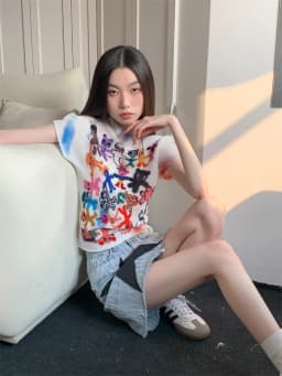 CHEERART Artist Graffiti White Designer Summer Top For Women 2023 Graphic T Shirts Pleated Fashion Tees Crop Top Trendy Clothes