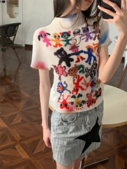 CHEERART Artist Graffiti White Designer Summer Top For Women 2023 Graphic T Shirts Pleated Fashion Tees Crop Top Trendy Clothes