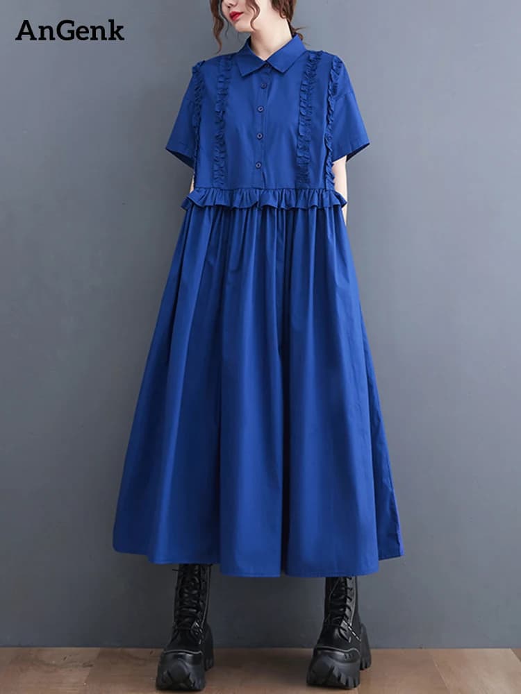 2026 Spring Summer New Patchwork Shirt Dresses For Women Short Sleeve Loose Casual Vintage Long Dress Fashion Elegant Clothing