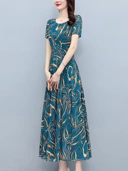 Summer Blue Print Short Sleeve Midi Dress Women Fashion Elegant Casual Holiday Robe 2024 Korean Bodycon Party Evening Long Dress