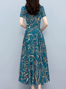 Summer Blue Print Short Sleeve Midi Dress Women Fashion Elegant Casual Holiday Robe 2024 Korean Bodycon Party Evening Long Dress