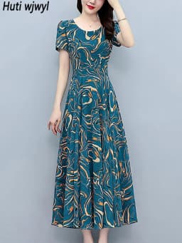 Summer Blue Print Short Sleeve Midi Dress Women Fashion Elegant Casual Holiday Robe 2024 Korean Bodycon Party Evening Long Dress