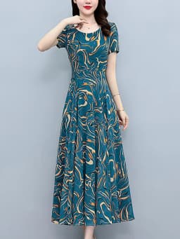 Summer Blue Print Short Sleeve Midi Dress Women Fashion Elegant Casual Holiday Robe 2024 Korean Bodycon Party Evening Long Dress