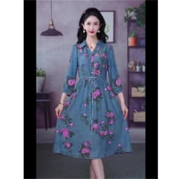 4XL Lace-Up Dress 2023 Spring/Summer New Light Luxury Fashion Waist Covering And Slim Fit Peony Print Denim Dress V-Neck Dress