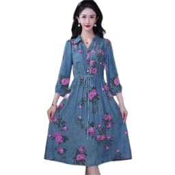 4XL Lace-Up Dress 2023 Spring/Summer New Light Luxury Fashion Waist Covering And Slim Fit Peony Print Denim Dress V-Neck Dress