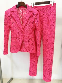 HIGH STREET Newest 2026 Designer Runway Fashion Suit Set Women's Single Button Guipure Lace Blazer Pencil Pants Suit 2pcs
