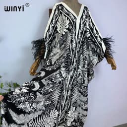 2023 WINYI beach Dresses For Women fashion print V-neck Kaftan Clothes Sexy Boho Feather Sleeve Robe Evening Long dress