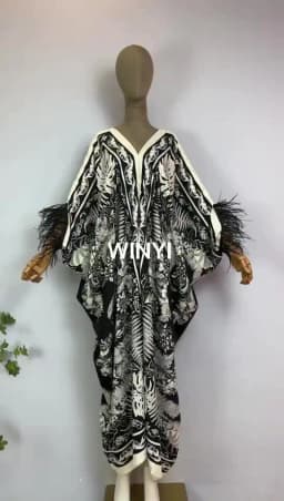 2023 WINYI beach Dresses For Women fashion print V-neck Kaftan Clothes Sexy Boho Feather Sleeve Robe Evening Long dress