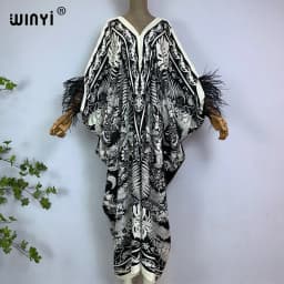 2023 WINYI beach Dresses For Women fashion print V-neck Kaftan Clothes Sexy Boho Feather Sleeve Robe Evening Long dress