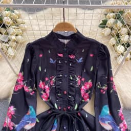 Spring Runway Holiday Linen Dress Women Stand Collar Long Lantern Sleeve Flower Print Single Breasted Belt Mini Vestidos