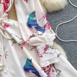 Spring Runway Holiday Linen Dress Women Stand Collar Long Lantern Sleeve Flower Print Single Breasted Belt Mini Vestidos