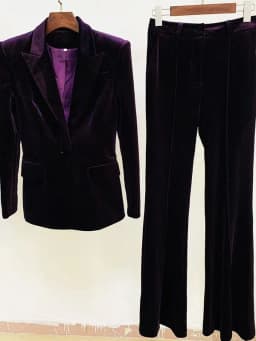 HIGH STREET Newest 2026 F/W Designer Suit Set Women's Single Button Velvet Blazer Flare Pants Set 2pcs