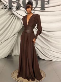 VC 2026 New Fashion Dresses For Women Plunging V Neck High Waist Belt Long Sleeves Wedding Party Dress Brown Gowns