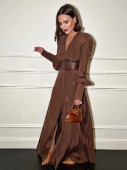 VC 2026 New Fashion Dresses For Women Plunging V Neck High Waist Belt Long Sleeves Wedding Party Dress Brown Gowns