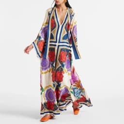 Vintage Print Patchwork Party Dress, Women Spring Summer Loungewear Three Quarter Sleeve Maxi Dress, Lace-Up Loose Ladies Dress